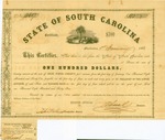 $100 bond issued by State of South Carolina, 1861. 6 percent bond No. 3607. One interest coupon on bottom.