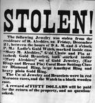 Broadside announcing $50 reward for return of jewelry stolen from R. Aleshire and Mary Aleshire on Dec. 21. (Enslow papers)