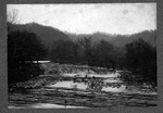 "River Roundup:" men catching logs at log boom, Big Sandy River by Thomas Luther