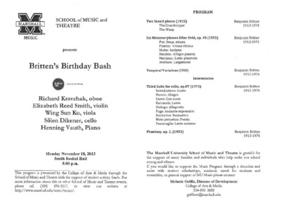 Marshall University Music Department Presents Britten S Birthday Bash By Richard Kravchak Elizabeth Reed Smith Et Al