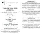 Marshall University Music Department Presents a Piano Workshops, featuring clinician, Christopher Fisher, Two Heads (or Twelve) Are Better Than One, Dynamic Duets, and a, Duo Piano Recital, featuring, Christopher and Katherine Fisher, The Fisher Piano Duo by Christopher Fisher and Katherine Fisher