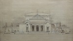 Sketches of classical building with sepia tones and white watercolor